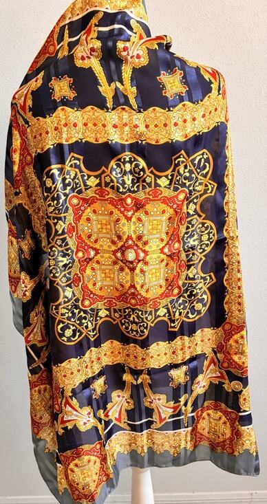 Lucky Accessories - VTG Lucky 100% Silk Scarf Large Baroque Medallion Blue Gold Satin Stripe Border